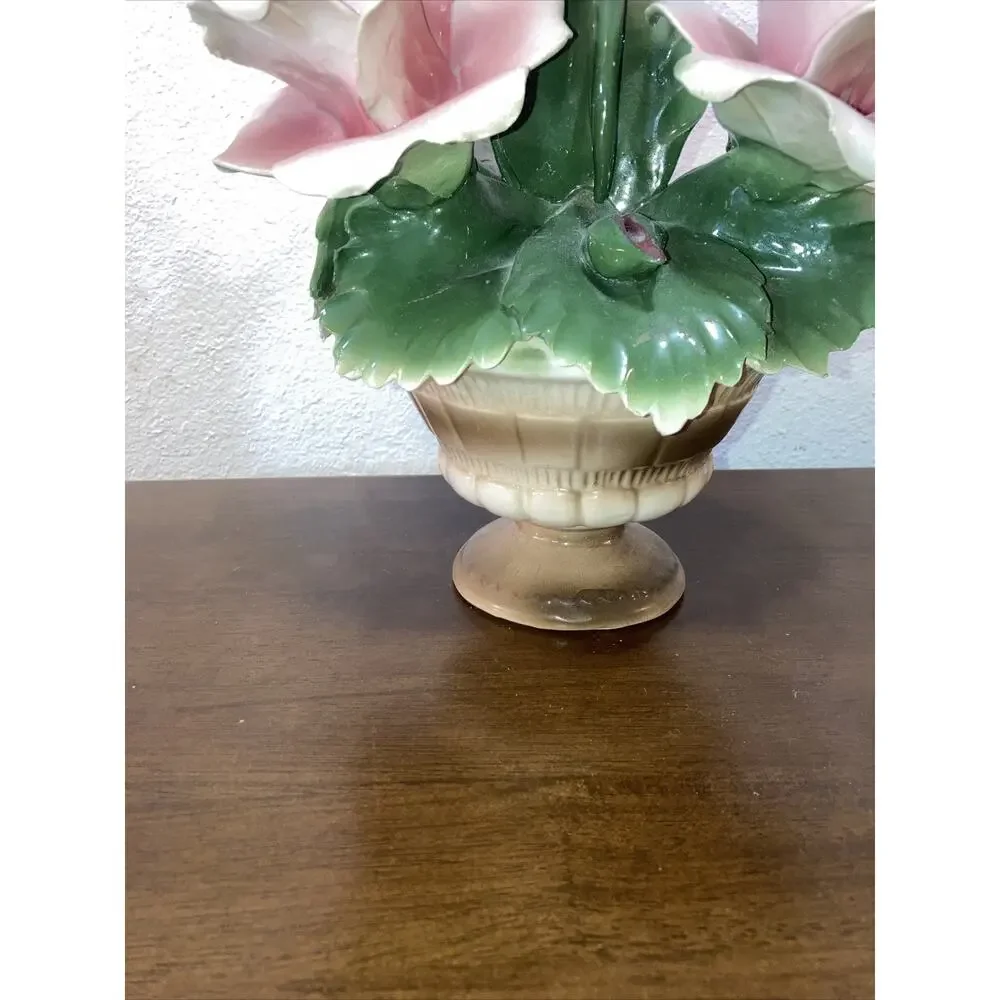Vintage Italy Nuova Capodimonte Basket Urn Bouquet 3 pink Roses blue Orchid